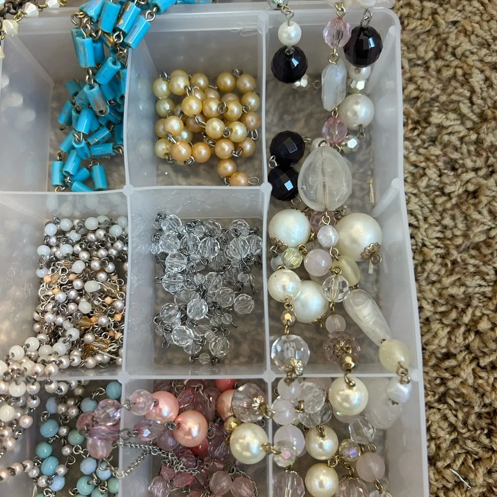 Box full oh AMAZING VINTAGE BEADED CHAIN and rhinestones